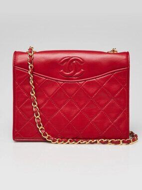Chanel Red Quilted Lambskin Leather CC Small Flap Bag